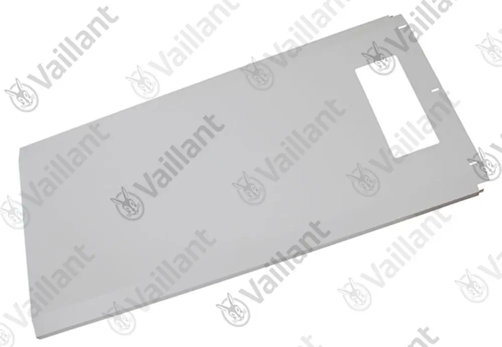Vaillant Frontblech in neutraler Farbe, rechteckige Form mit Ausschnitt und Befestigungselementen, geeignet für Heizungsanlagen oder ähnliche Anwendungen.